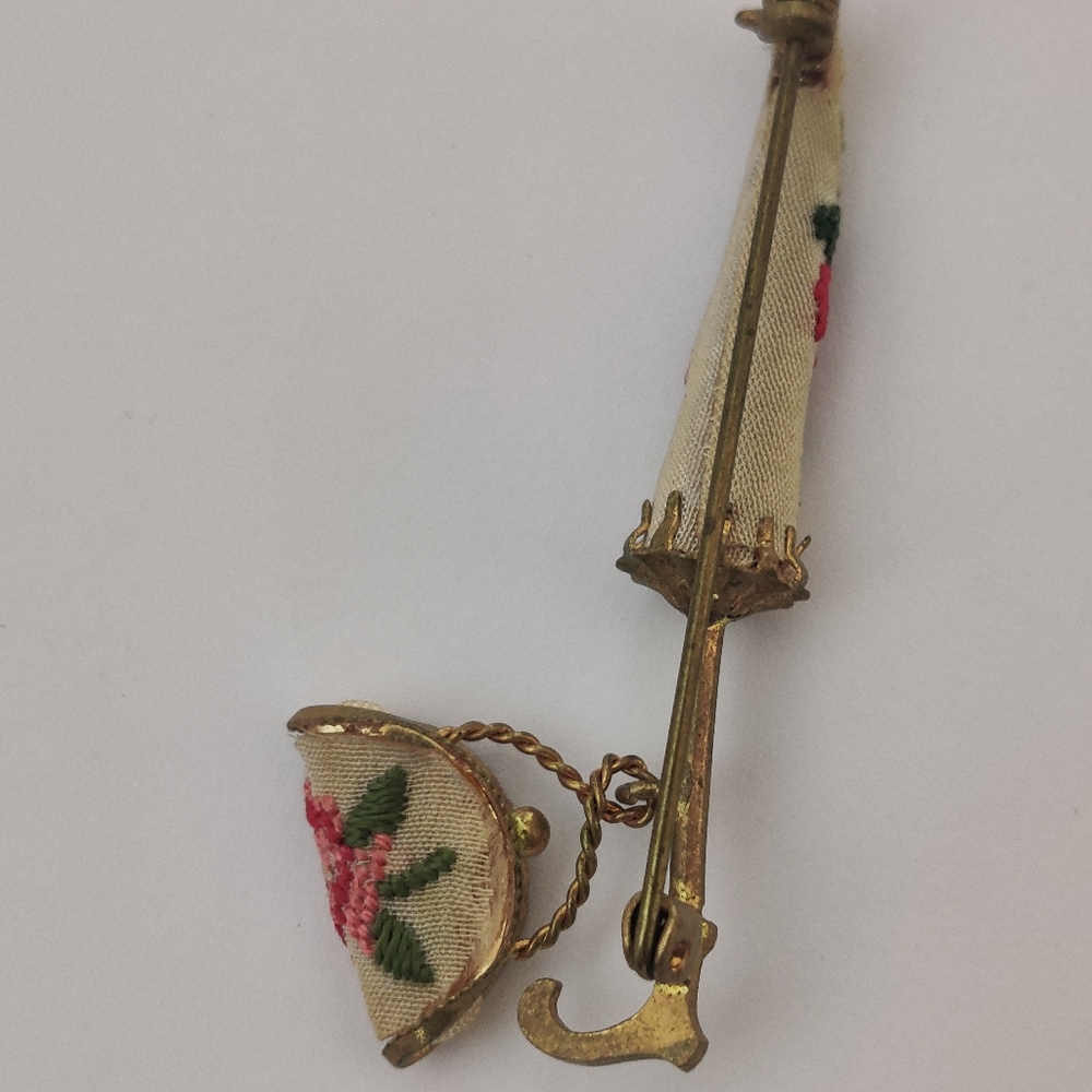 Vintage Parasol & Lady's Purse Brooch w/ Petit Point Embroidery - Picture 2 of 13